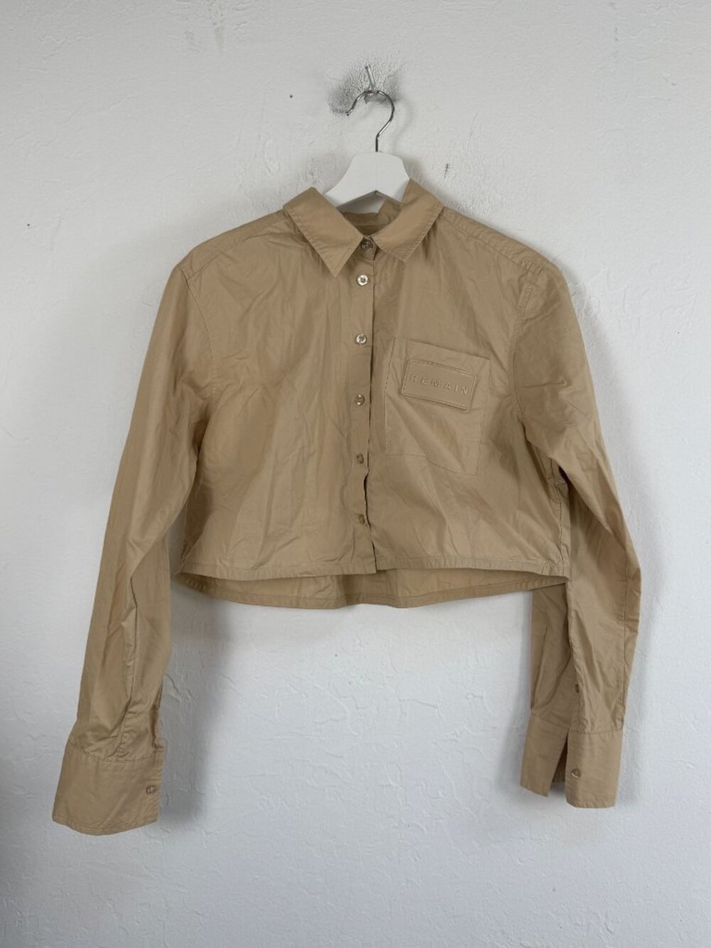 REMAIN Women Birger Christensen Beige Cropped Organic Cotton Poplin Shirt Size 4